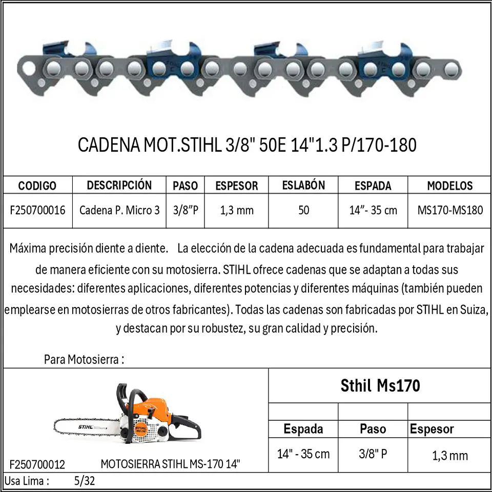 CADENA MOTOSIERRA STIHL 3/8 50E 1.3 MS170 172 180 182 14 1