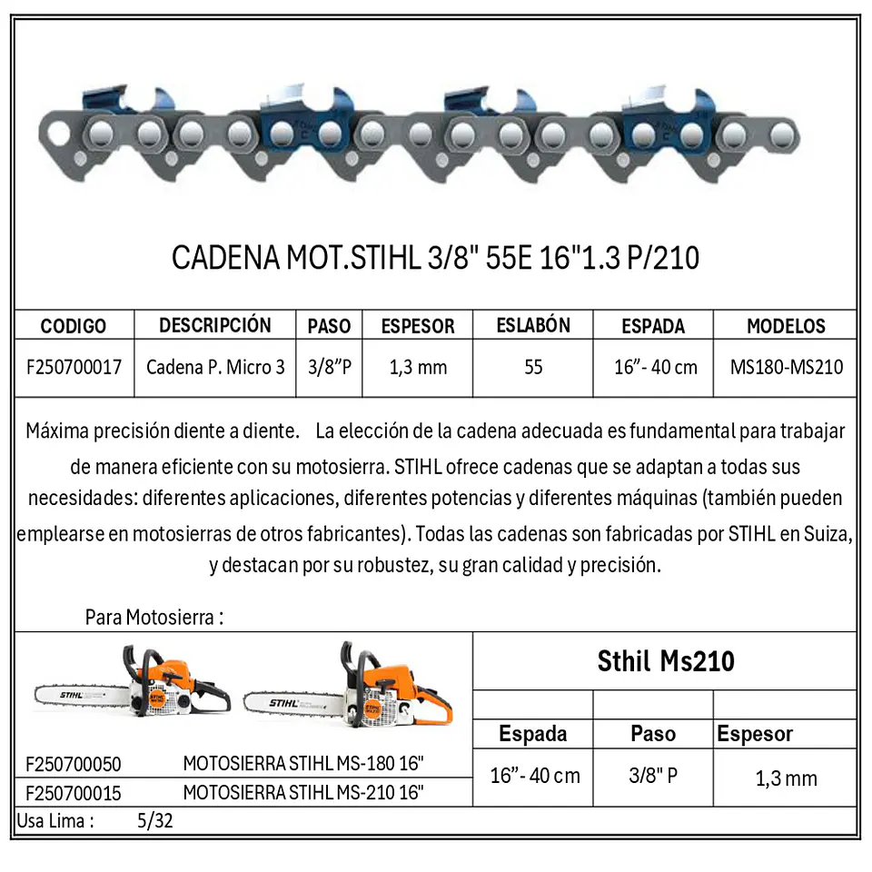 CADENA MOTOSIERRA STIHL 3/8 55E 1.3 MS210 212 16 1