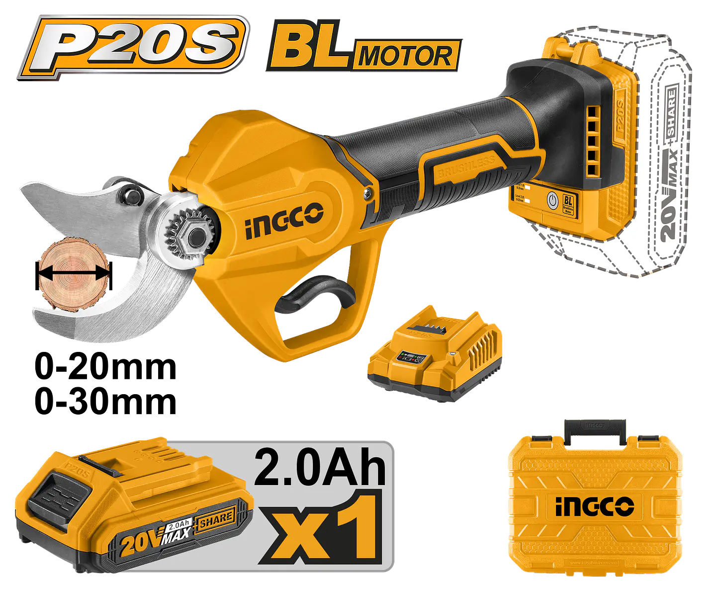 TIJERA PODA INGCO INALAMBRICA 20V CON ACCESORIOS 1