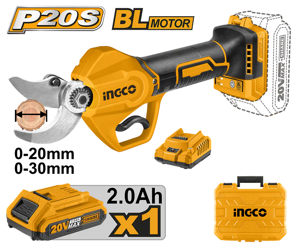 TIJERA PODA INGCO INALAMBRICA 20V CON ACCESORIOS 1