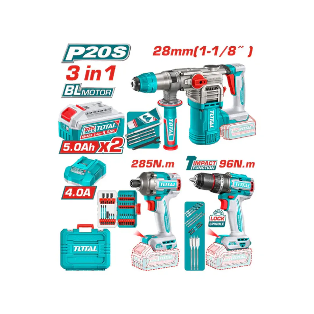 KIT TALADRO 96 NM + ATORNILLADOR 285 NM + ROTOMARTILLO INALÁMBRICO 2