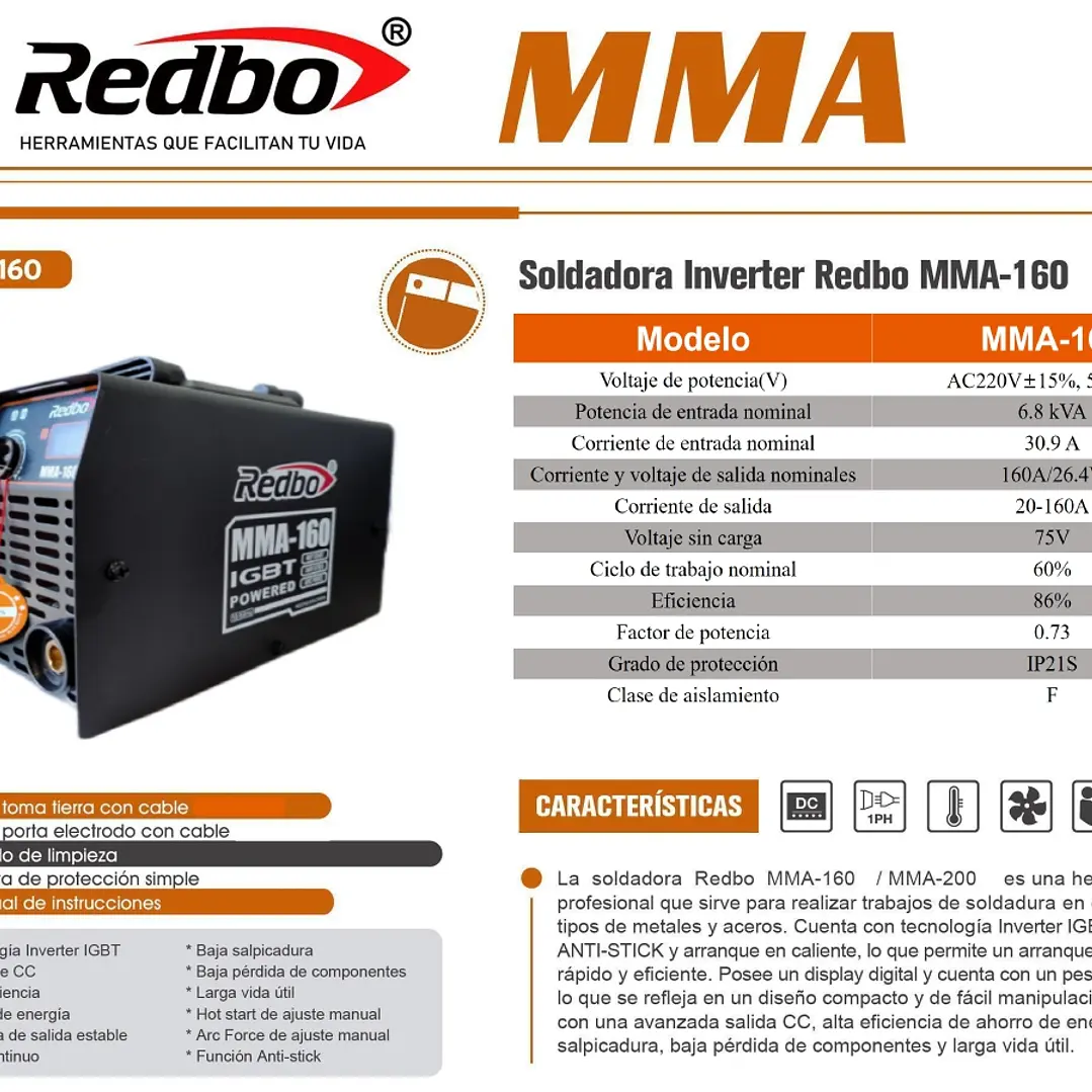 Soldadora Inverter REDBO MMA-160 NEGRA 4