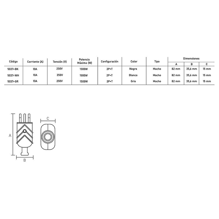 Enchufe Volante Macho 10A 250V Negro Tipo Gewiss Stanford 2