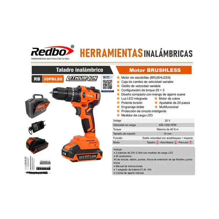Taladro Percutor Inalámbrico Redbo RB-20PBLSS Brushless 20V + 2 Baterías + 26 Accesorios 4