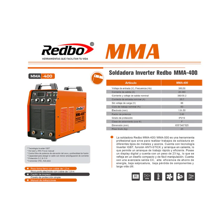 Soldadora Inverter Industrial Trifásica Redbo MMA-400 380A 380V IGBT Profesional 6