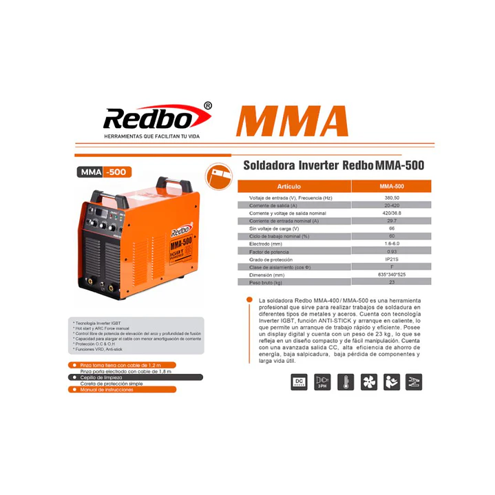 Soldadora Inverter Industrial Trifásica Redbo MMA-500 420A 380V IGBT Profesional 5