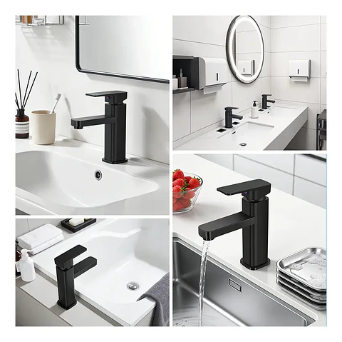 Llave Lavamanos Monomando Diseño Cuadrado Negro Mate