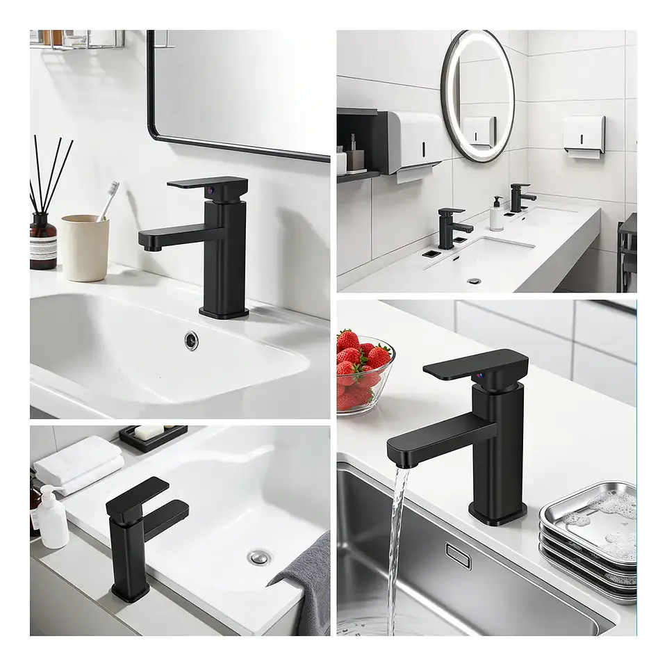 Llave Lavamanos Monomando Diseño Cuadrado Negro Mate 1