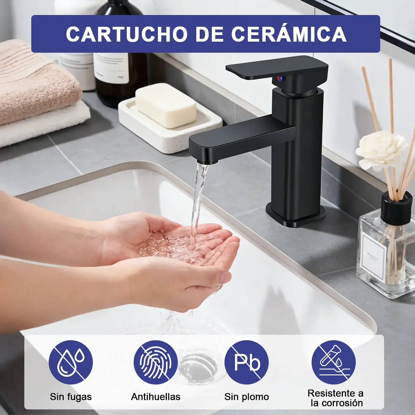 Llave Lavamanos Monomando Diseño Cuadrado Negro Mate 5