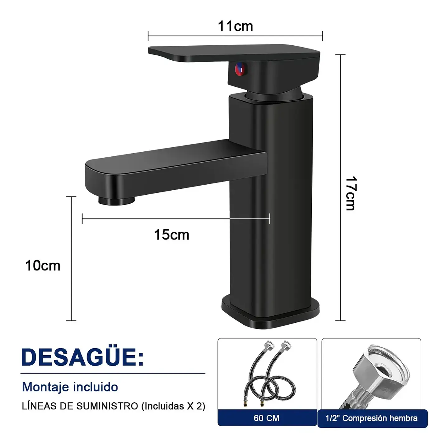 Llave Lavamanos Monomando Diseño Cuadrado Negro Mate 4