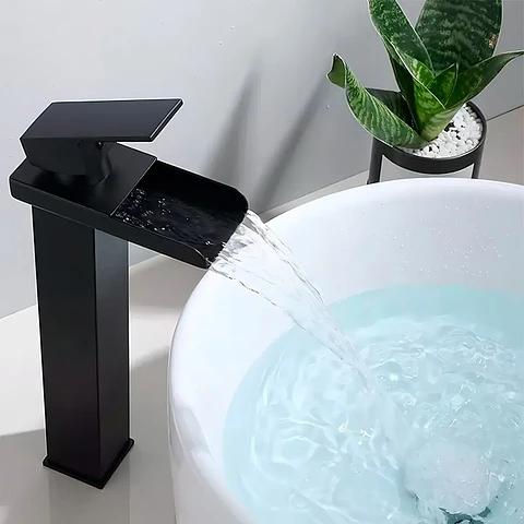 Llave Monomando Lavamanos Alta Cascada Negro Mate