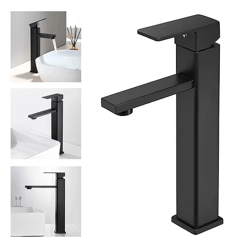 Llave Monomando Alta Cuadrada para Vanitorio Negro Mate