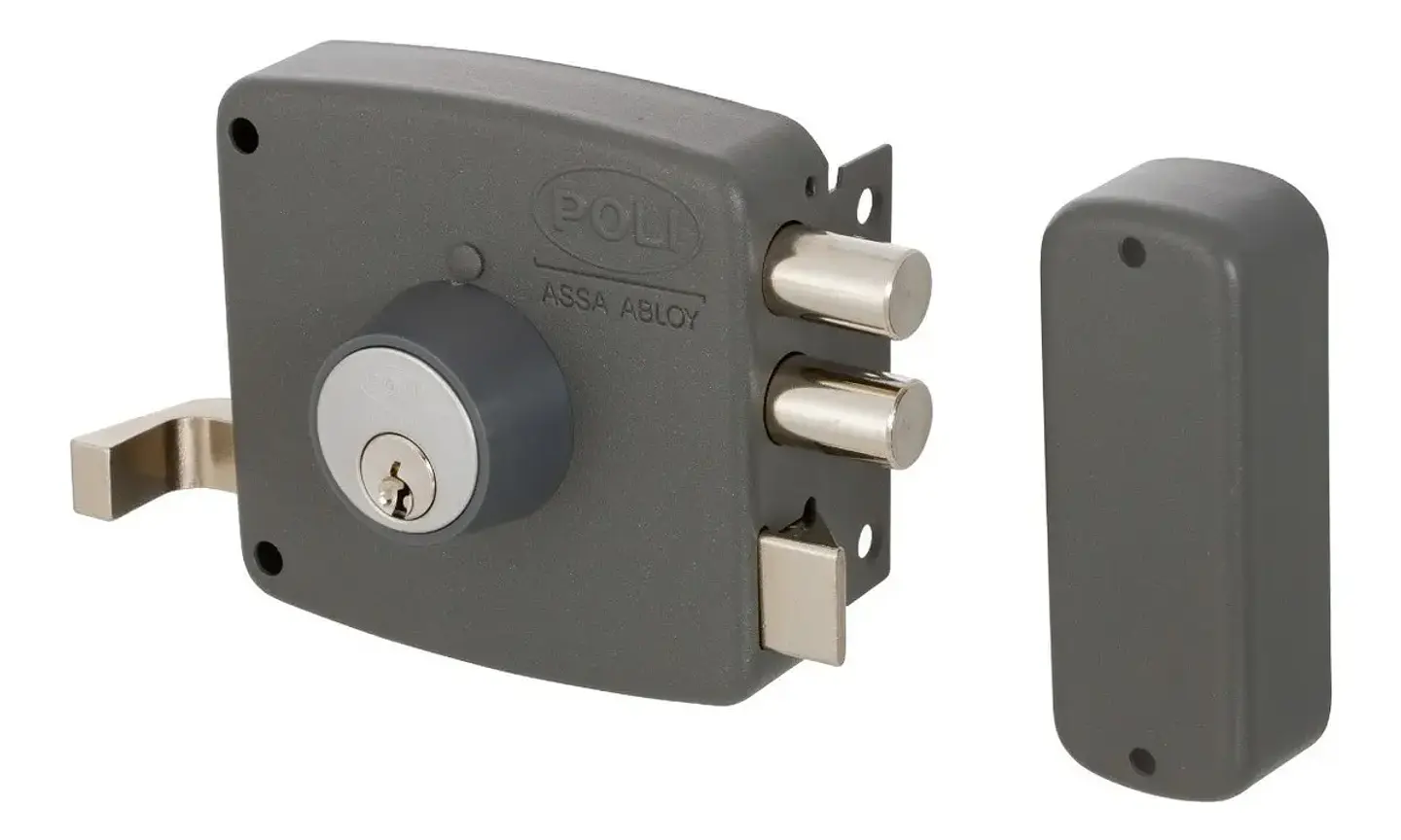 Cerradura Sobreponer Poli 2010 2 Pitones Para Puerta Acceso y Reja Gris 1