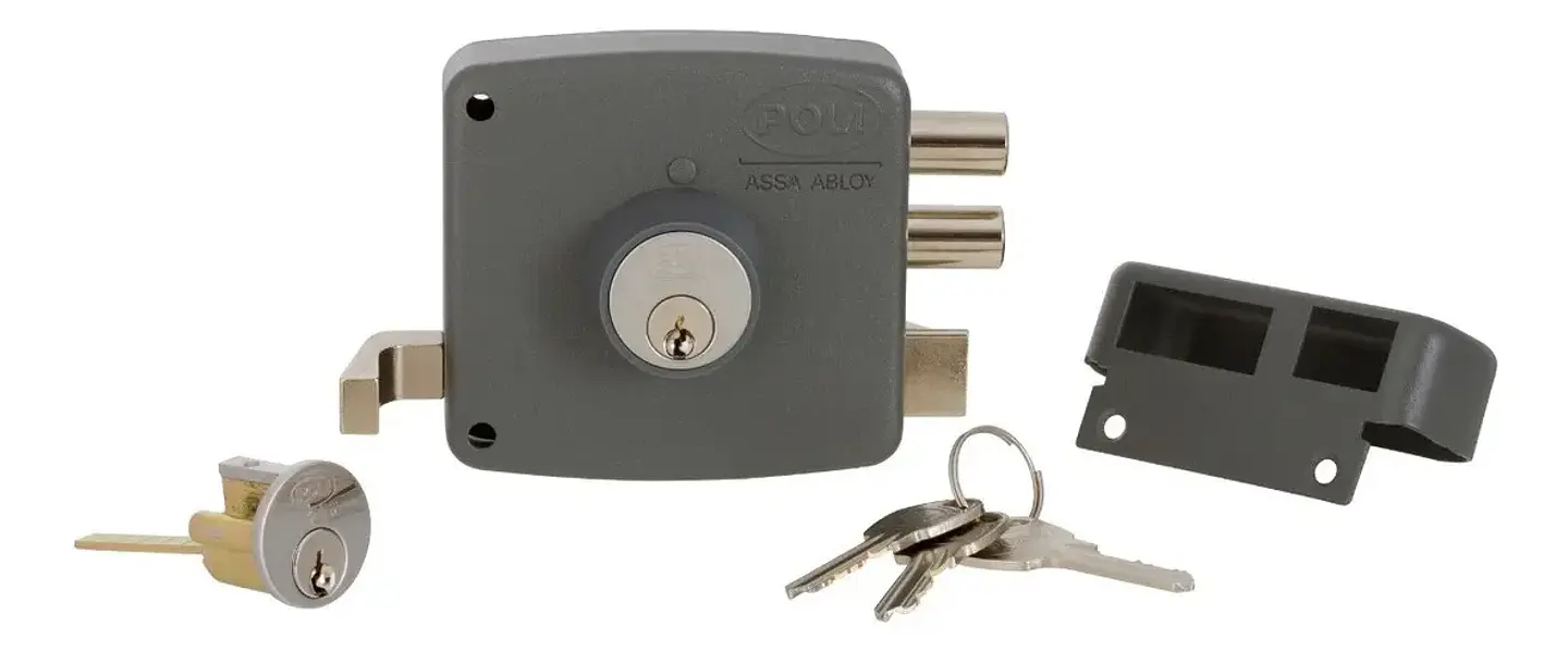 Cerradura Sobreponer Poli 2010 2 Pitones Para Puerta Acceso y Reja Gris 4