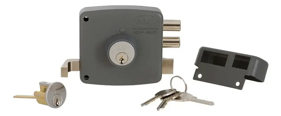Cerradura Sobreponer Poli 2010 2 Pitones Para Puerta Acceso y Reja Gris 4