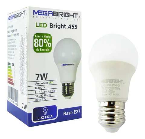 Ampolleta LED 7W E27 Luz Blanca Fría 6400K Megabright A55 10000h