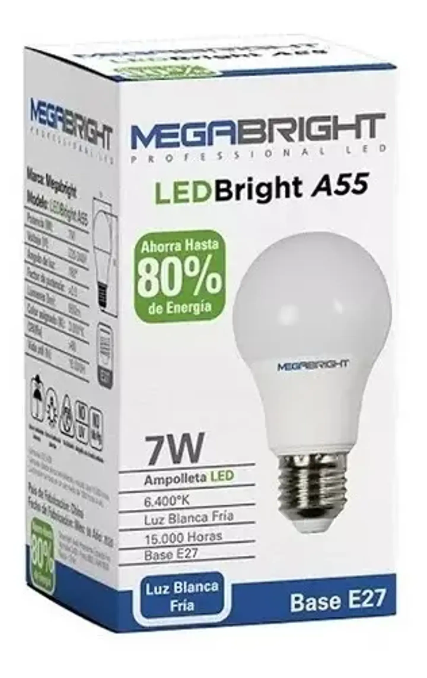 Ampolleta LED 7W E27 Luz Blanca Fría 6400K Megabright A55 10000h 4