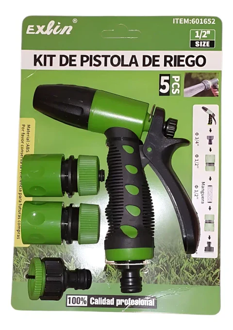 Kit Pistola De Riego Exlin 5 Piezas 3 Funciones Chorro Nebulización Ducha