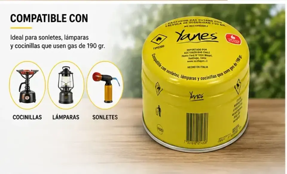 Cartucho Gas Butano con Válvula de Seguridad 190 g Yanes 1
