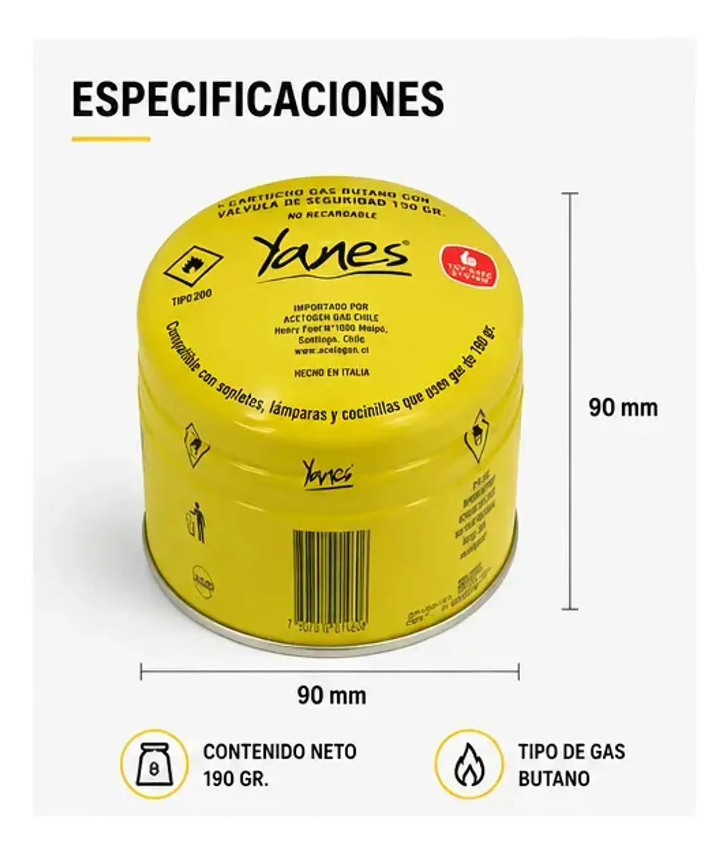 Cartucho Gas Butano con Válvula de Seguridad 190 g Yanes 2