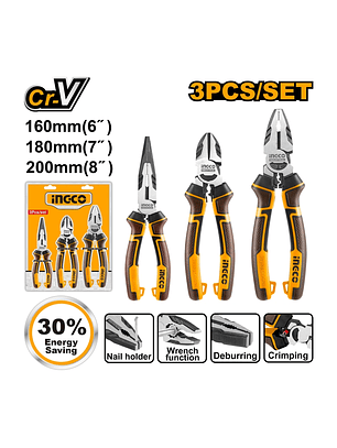 ALICATE INGCO UNIVERSAL, PUNTA LARGA, CORTE DIAGONAL INDUSTRIAL JGO 3PZAS # HKHLPS2831