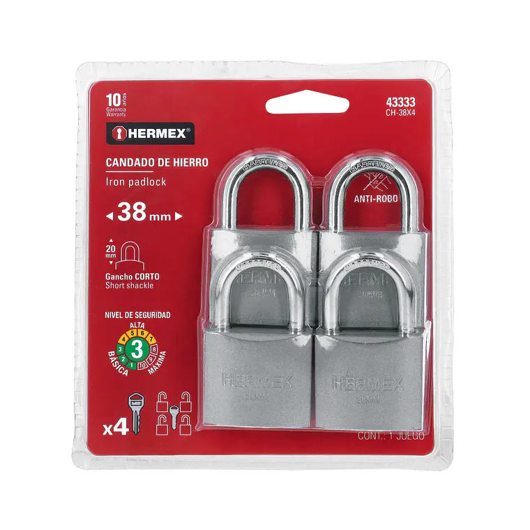 CANDADO HIERRO HERMEX 38MMX4U LLAV/IGUAL 43333 1