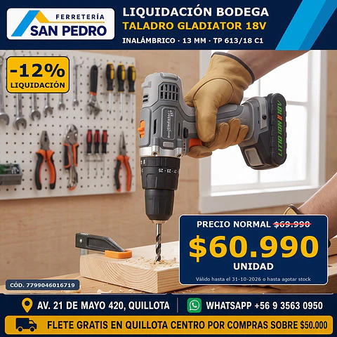 TALADRO INALAMB. GLADIATOR 18 V 13MM  TP 613/18 C1 054446