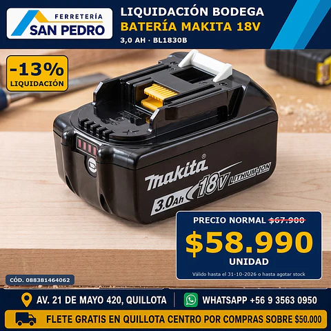 BATERIA IONLI.MAKITA 18V.3.0AH.BL1830B/632G12-3