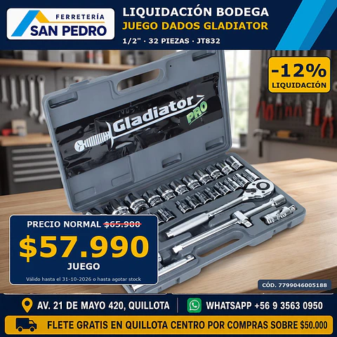 JUEGO DE DADOS GLADIATOR 1/2'  32 PCS JT832 054883