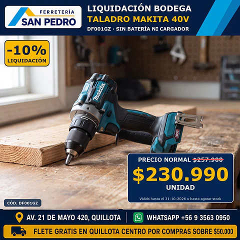 TALADRO ATORNILLADOR MAKITA INALAM.40V.S/BAT.CATG.DF001GZ