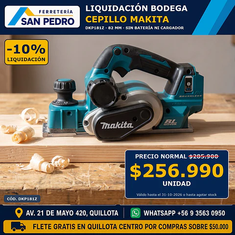 CEPILLO MAKITA INALAM.82MM.PROF.2MM.MOTOR BL S/BAT.CARG.DKP181Z