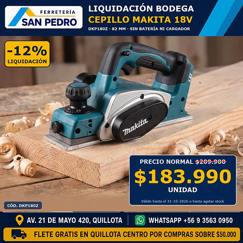 CEPILLO MAKITA INALAM.82MM.18V.S/BAT.CARG.DKP180Z
