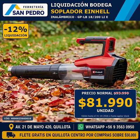 SOPLADOR DE HOJAS EINHELL INALAMBRICO GP-LB 18/200Li E 3433555