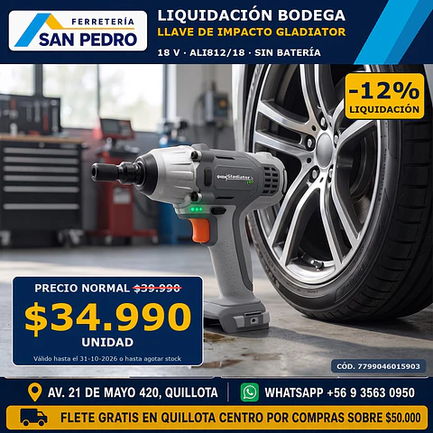 LLAVE ATORNILLADOR IMPACTO GLADIATOR 18V S/BAT ALI812/18 054332
