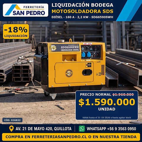MOTOSOLDADORA SDS DIESEL 160AMP.2.2KW.SDG6500SWH 036822