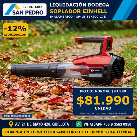 SOPLADOR DE HOJAS EINHELL INALAMBRICO GP-LB 18/200Li E 3433555