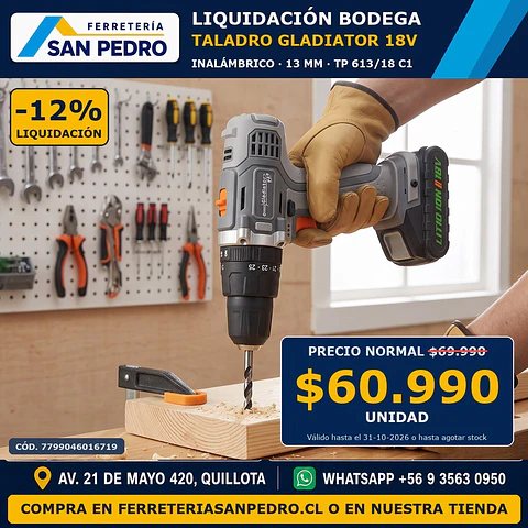 TALADRO INALAMB. GLADIATOR 18 V 13MM  TP 613/18 C1 054446