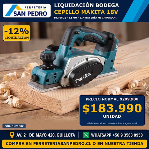 CEPILLO MAKITA INALAM.82MM.18V.S/BAT.CARG.DKP180Z