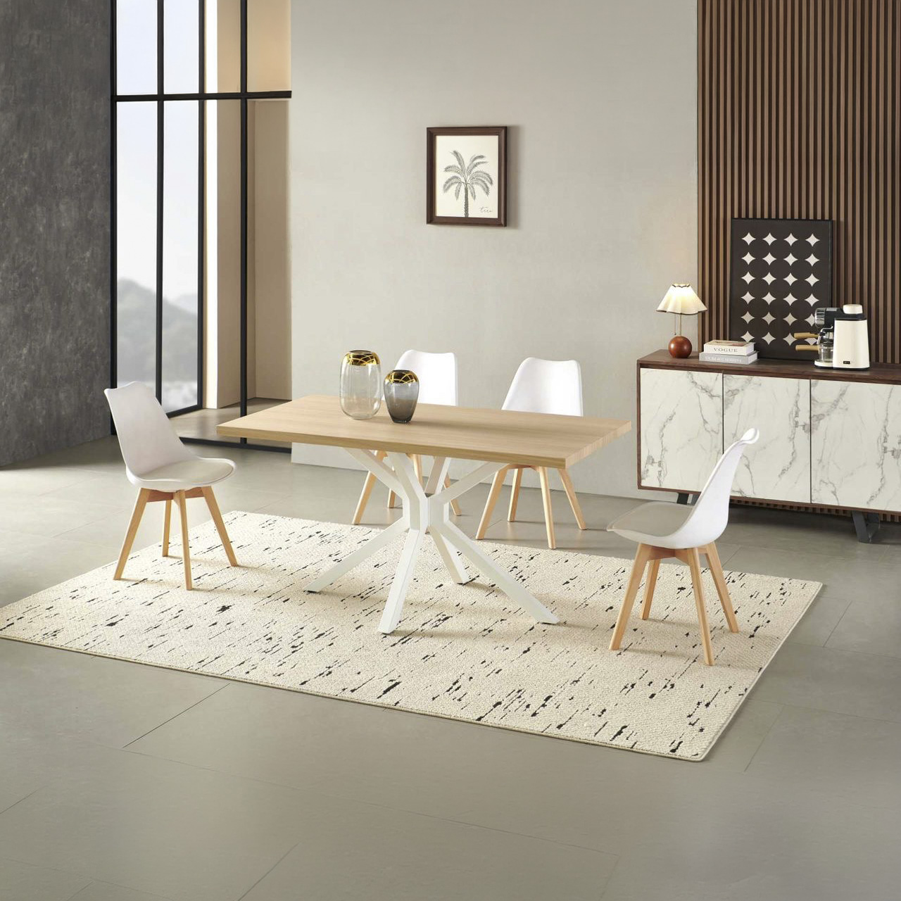Comedor Mesa Tulip Wood Blanca Con 4 Sillas Tulip Acolchada Blancas