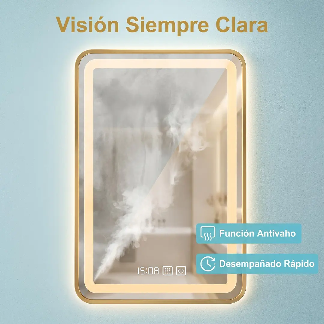 Espejo Luz Led 50X70 C/Marco Rect C/Hora y Antiempañante Mod 03 FSIMP 3