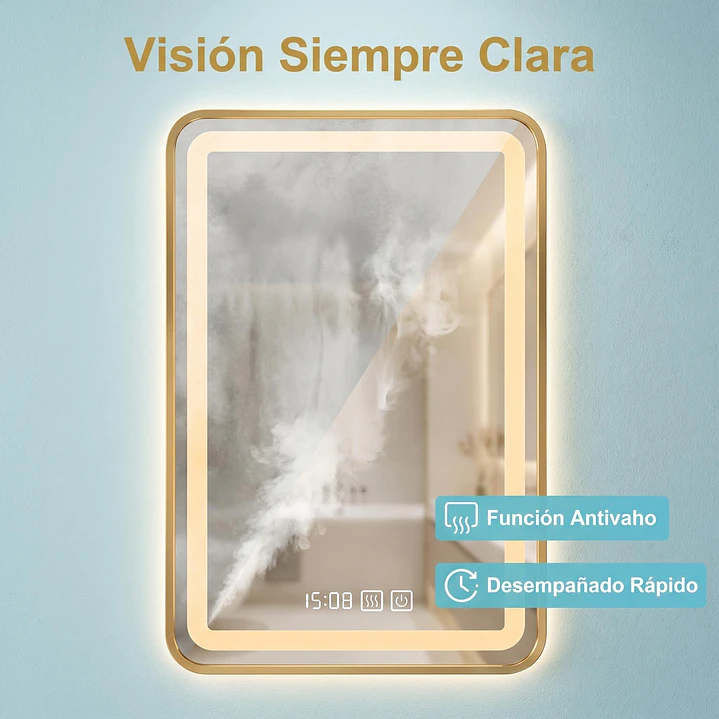 Espejo Luz Led 50X70 C/Marco Rect C/Hora y Antiempañante Mod 03 FSIMP 3