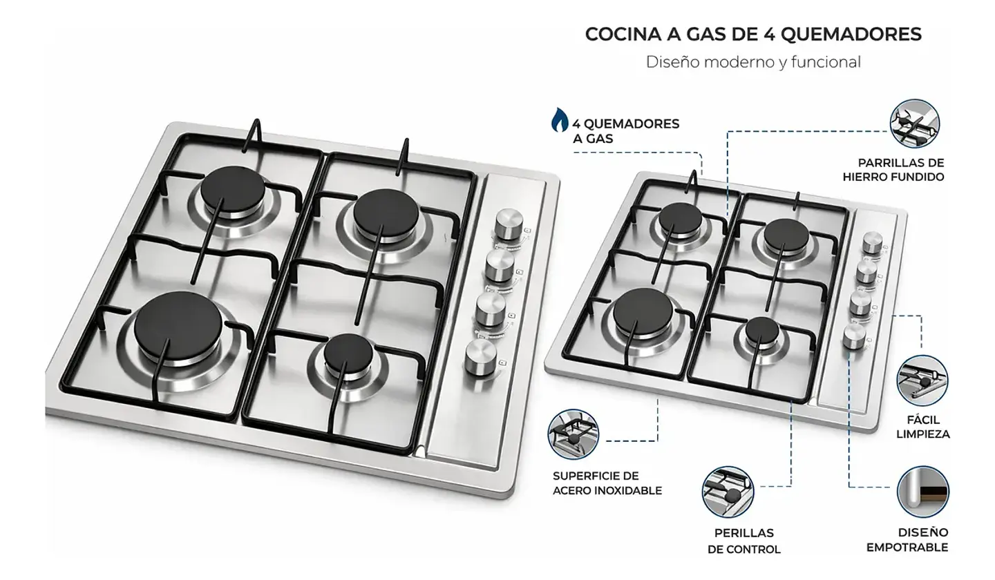 Encimera Cocina A Gas Con Encendido Eléctrico 4 Quemadores 2