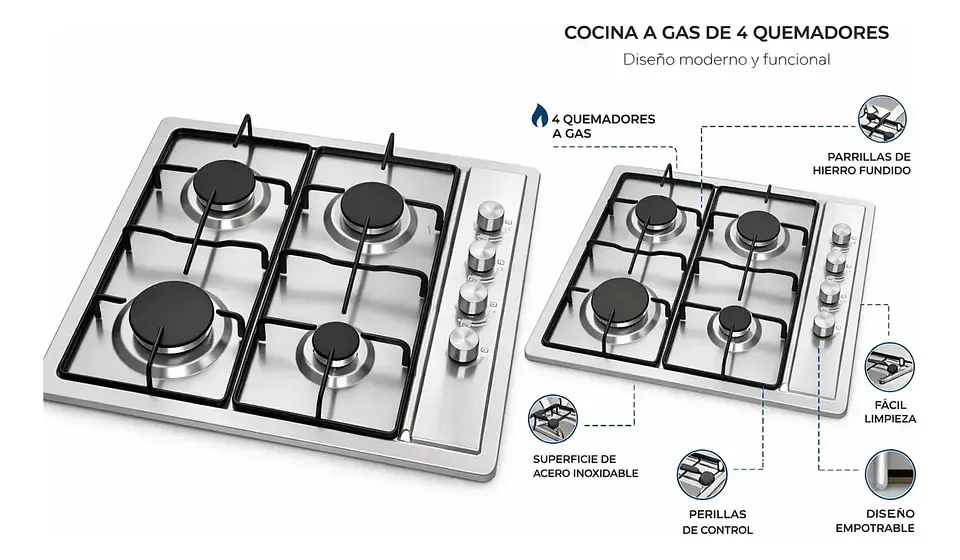 Encimera Cocina A Gas Con Encendido Eléctrico 4 Quemadores 2