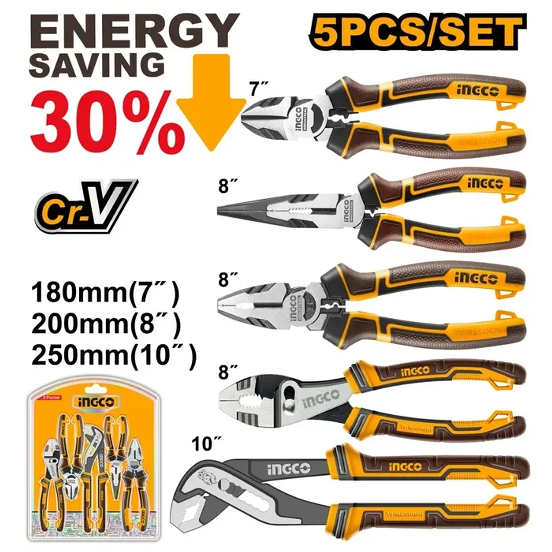 Set Alicates Industrial 5 Piezas 180-260mm/7-10