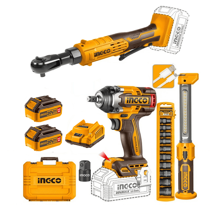 Set Pistola Impacto + Chicharra + Linterna 1/2 + Dados 20v/500nm Ingco  1