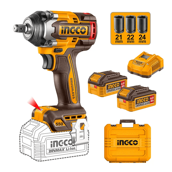 Pistola De Impacto Bl  +2bat 4ah Y Carg Industrial 1/2 20v/550nm Ingco 1
