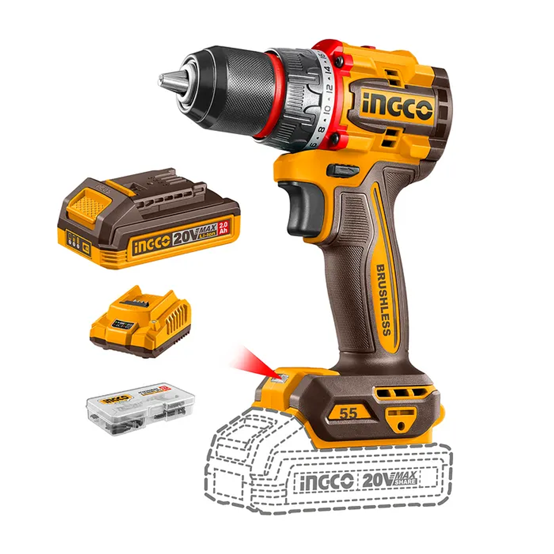 Taladro Atornillador Industrial +bat 2ah Y Carg 20v/55nm Ingco 1