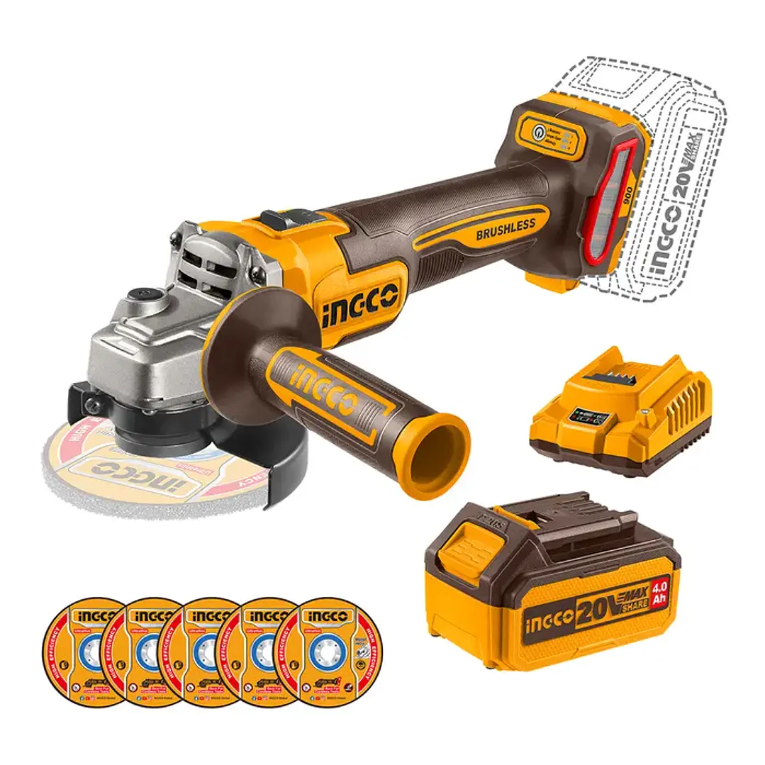 Esmeril Angular Bl  + bat 4ah Y Carg + 5 Discos 4 1/2 20v/115mm Ingco 1