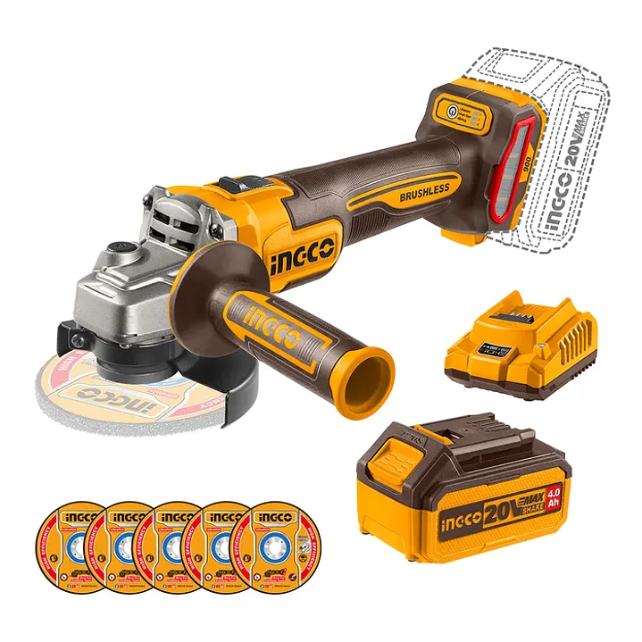 Esmeril Angular Bl  + bat 4ah Y Carg + 5 Discos 4 1/2 20v/115mm Ingco 1