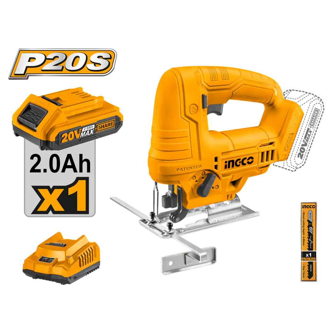 Sierra Caladora Inalambrica 20v + Bateria 2Ah + Cargador Ingco  1